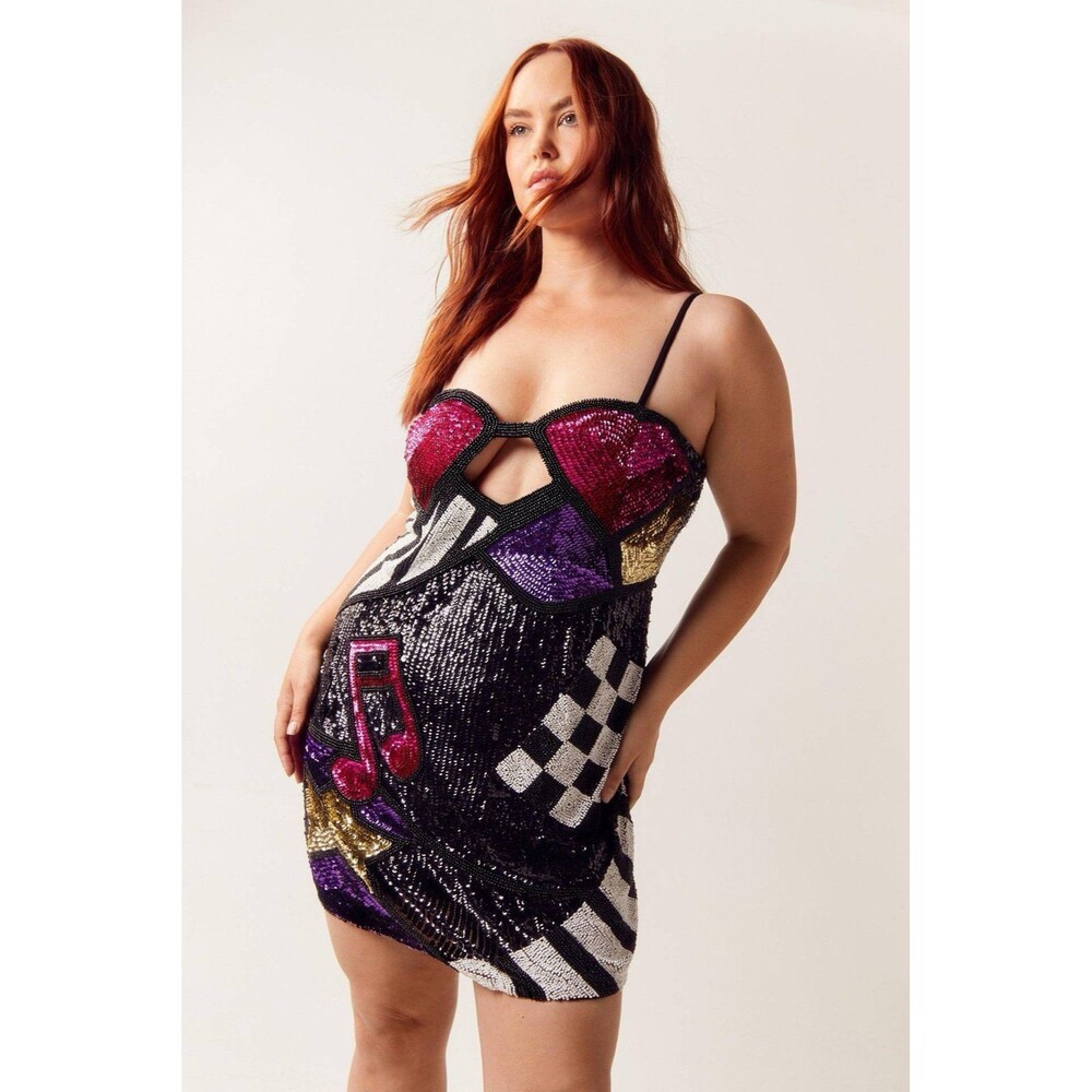 NastyGal Plus Size Abstract Music Embellished Sequin Mini Dress 20 US